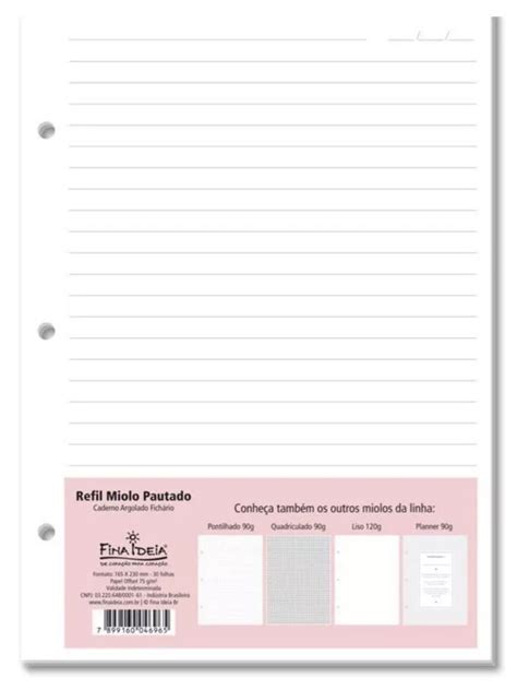 Refil Caderno Argolado Pautas Brancas Fina Idéia 50 folhas Papelaria