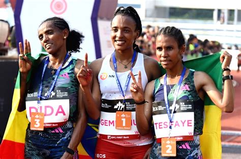 Bengaluru Ethiopian Athlete Tsehay Gemechu Celebrates As She Wins The