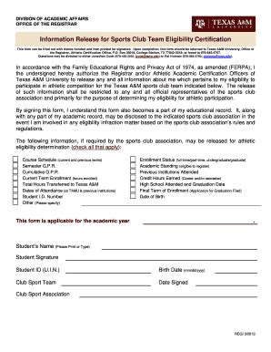 Fillable Online Registrar Tamu Information Release Form For Sports Club