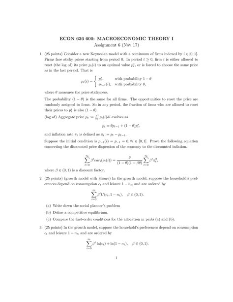 Assignment 6 ECON 636 600 MACROECONOMIC THEORY I Assignment 6 Nov