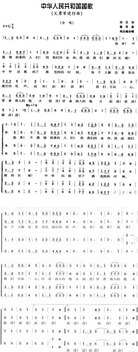 《中华人民共和国国歌》歌谱简谱歌词简介曲谱资料