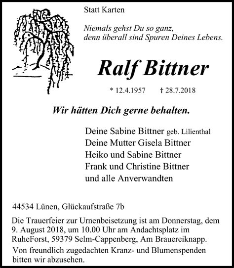 Traueranzeigen Von Ralf Bittner Trauer In Nrw De