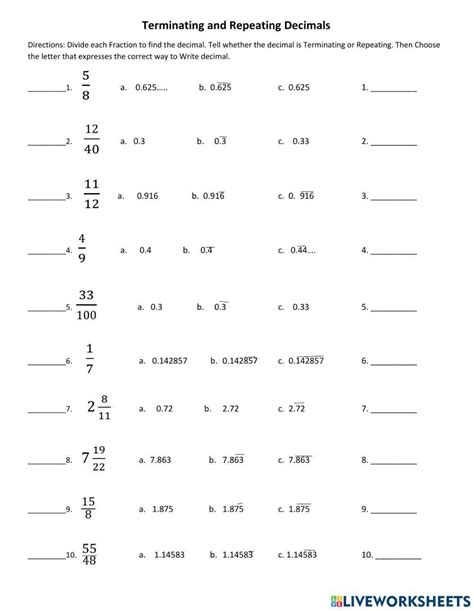 Terminating And Repeating Decimals Worksheet Live Worksheets