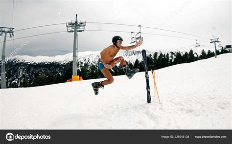 Happy Nude Male Have Fun Jump Dance Day Ski Slope Stock Editorial Photo Zefart
