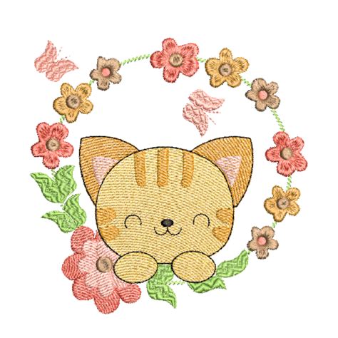 Cute Cat In Flower Wreath Machine Embroidery Design Stitches And Strokes