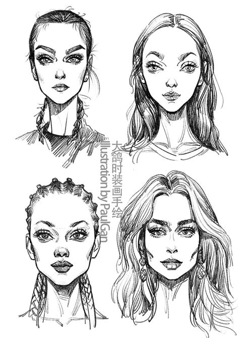 Four Different Types Of Women S Faces Drawn By Hand In Black And White Ink