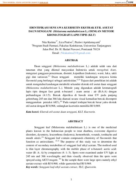 Pdf Identifikasi Senyawa Kuersetin Ekstrak Etil Asetat Daun Senggani