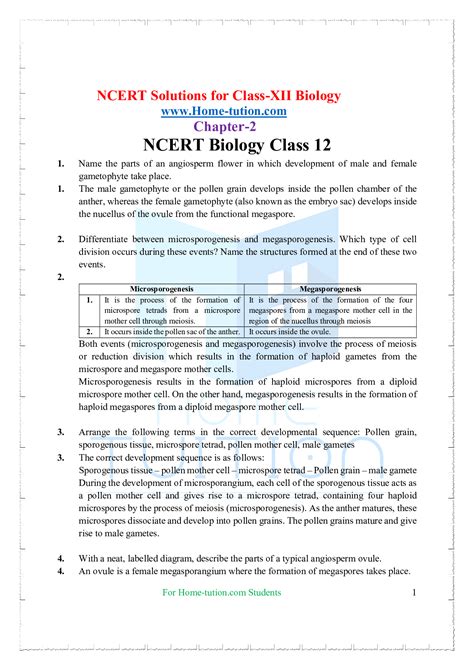 Ncert Solutions For Class 12 Biology Chapter 2 Sexual Reproduction In