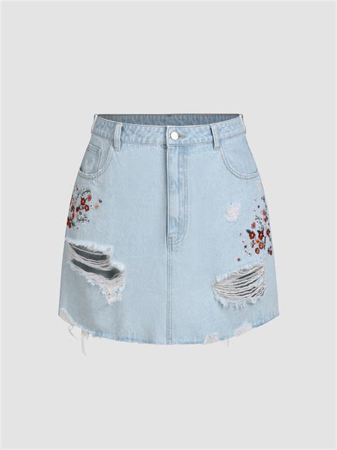 Jean Skirt Denim Floral Embroidery Ripped Denim Mini Skirt Curve And Plus