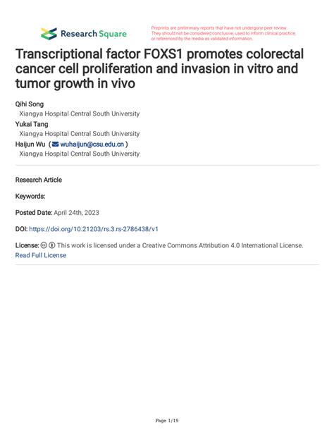 Pdf Transcriptional Factor Foxs1 Promotes Colorectal Cancer Cell