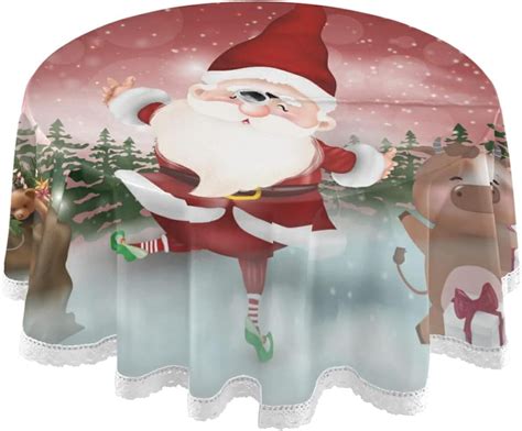 Hyjoy Cute Santa Claus With Bull Round Tablecloth Waterproof Round