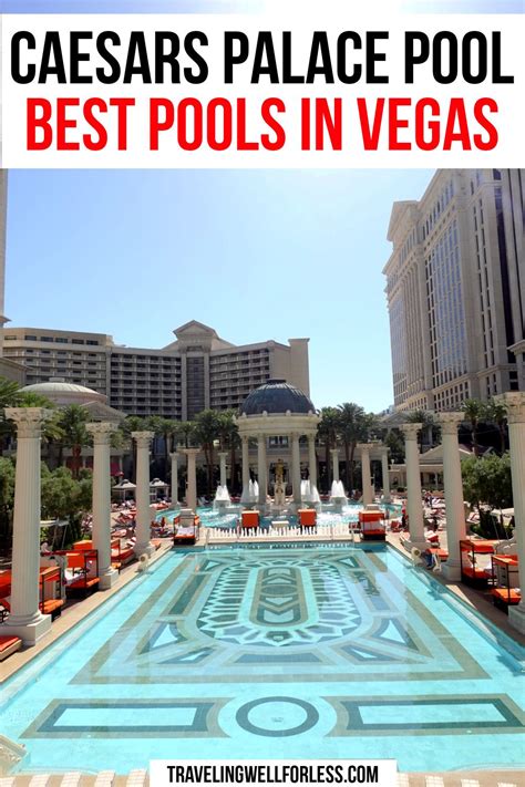 the caesar palace pool in las vegas with text overlay