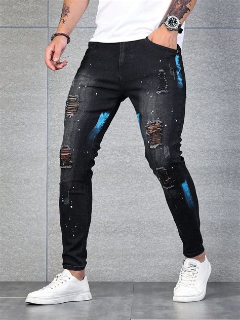 Manfinity Legnd Men Cotton Splash Ink Print Ripped Frayed Skinny Jeans