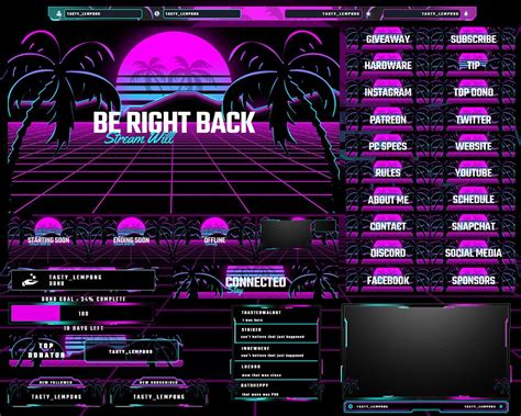 Neon Retrowave Editable Text Twitch Overlay Package Webcam Screens Panels Alerts