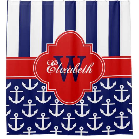 Navy White Lg Anchor Stripe 1icbr Red Monogram Shower Curtain Zazzle