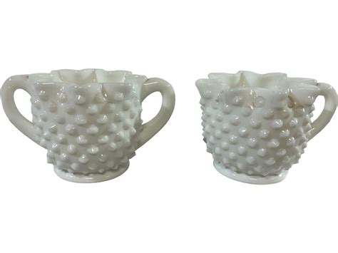 Lot 2 Vintage Fenton Milk Glass Ruffled Hobnail Creamer And Sugar