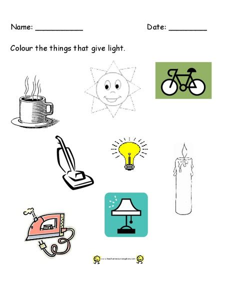 Grade 1 Sources Of Light Worksheet