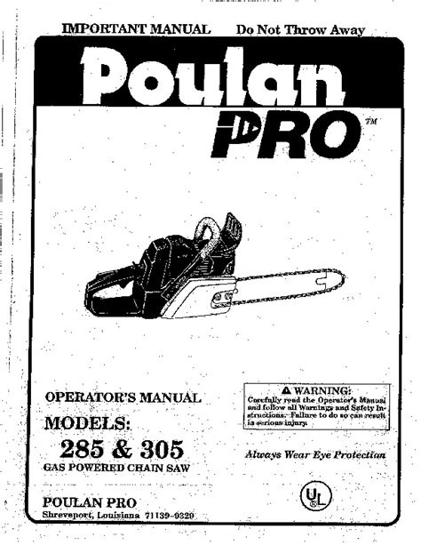 Poulan Pro 285 305 Chainsaw Owners Manual 1992