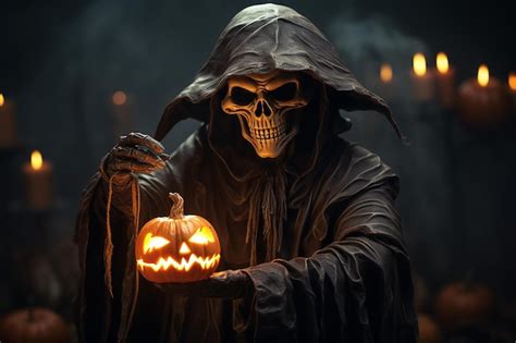 Premium Ai Image Spooky Skeleton Halloween Spirit With Witch Hat And