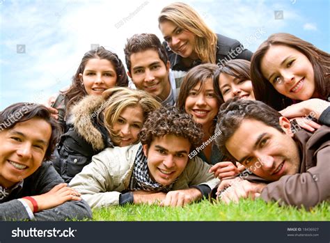 Happy Group Friends Smiling Outdoors Park Stock Photo 18436927 ...