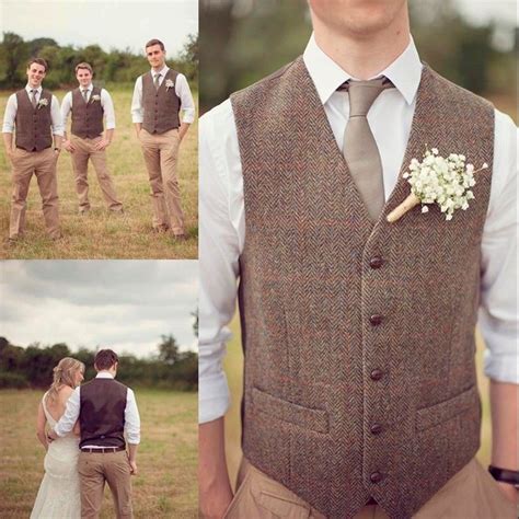 Cheap Country Farm Wedding Brown Wool Herringbone Tweed Vests Groom