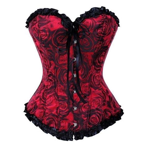 Red Corset With Floral Pattern Trimmed And Tie In Black