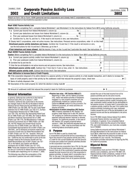 California Form Corporate Passive Activity Loss And Credit