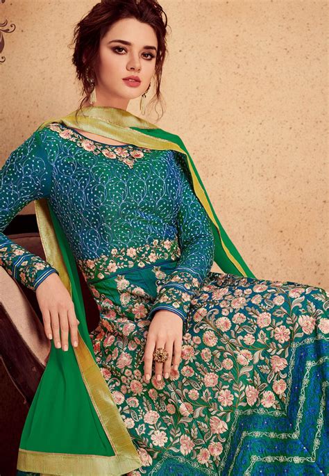 Green Silk Net Embroidered Long Anarkali Suit 39003