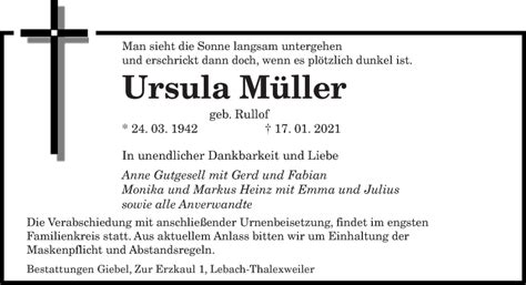 Traueranzeigen Von Ursula M Ller Saarbruecker Zeitung Trauer De