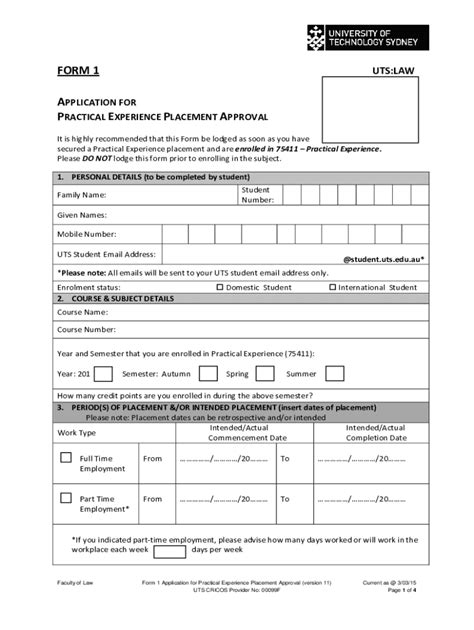 Fillable Online Form 1 Application For Practical Experience Placement