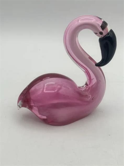 Decorative Blown Glass Sitting Figural Flamingo Pink With Black