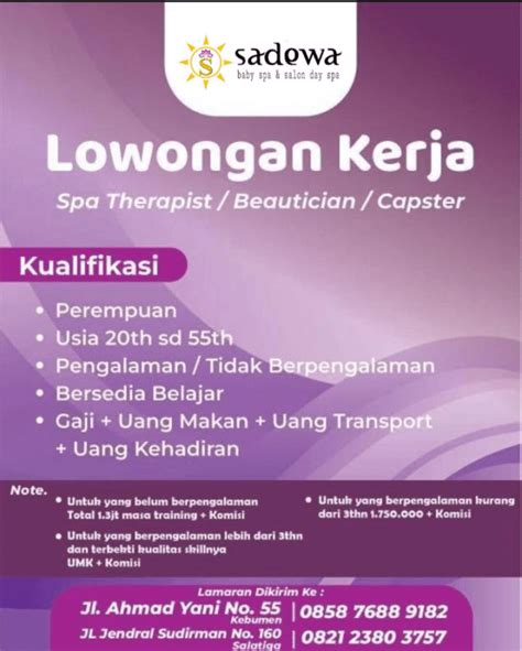 Lowongan Kerja Spa Therapist Beautician Capster Stylist