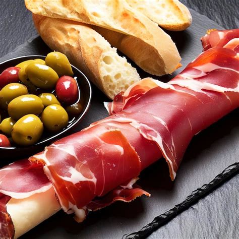 Jamón serrano español con aceitunas y palitos de pan sobre fondo de