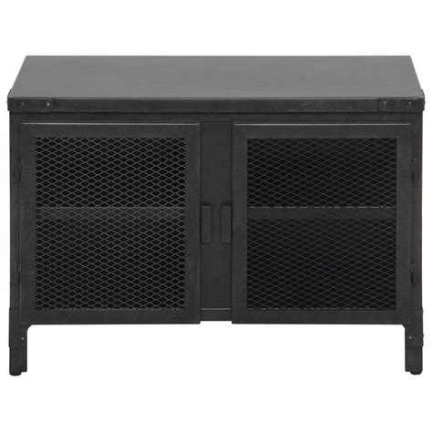 A Black Cabinet With Mesh Doors On The Front And Bottom Against A