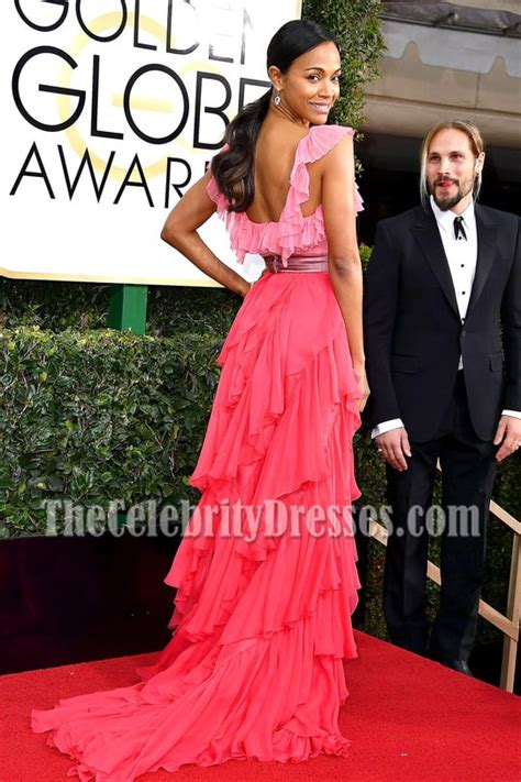 Zoe Saldana Deep V Neck Ruffle Evening Ball Gown Golden Globes 2017 Red