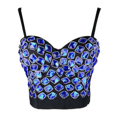 Womens Rhinestone Diamond Push Up Bustier Crop Top Sexy Punk Corset B Fancymake