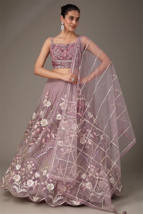 Lavender Net Sequins And Gota Embroidered Wedding Lehenga Set By Chaashni