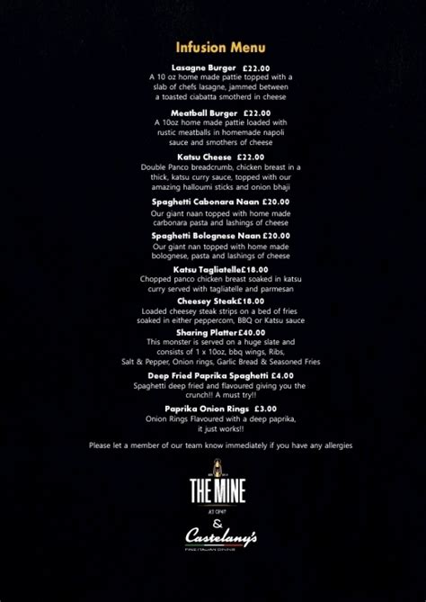 The Mine At Cf47 And Castelanys Fine Dining Merthyr Tydfils Full Menu