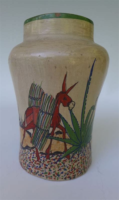 Old Vintage Mexican Tonala Tlaquepaque Burnished Vase Jar Olla W Donkey