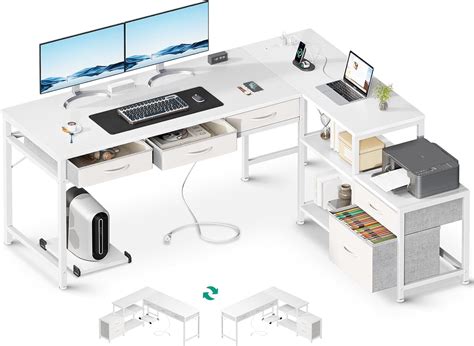 L Shaped Computer Desk With Fabric Drawers And File Cabinet