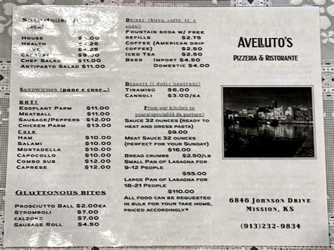 Online Menu Of Avellutos Pizzeria And Ristorante Restaurant Mission Kansas 66202 Zmenu