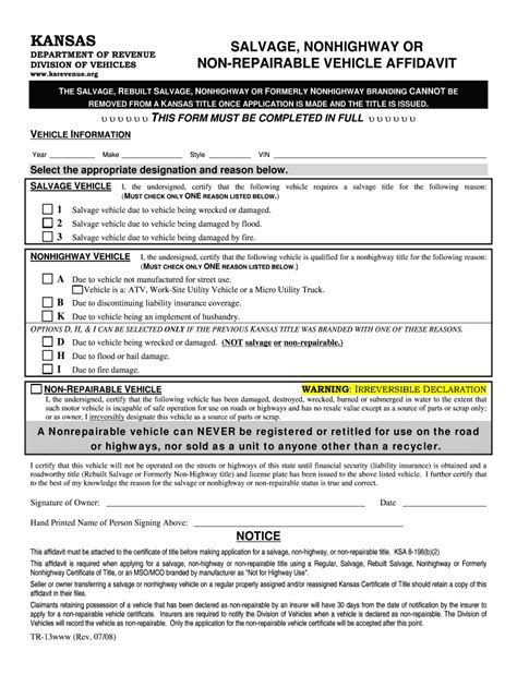 Fillable Online Kansas Salvage Nonhighway Or Department Of Revenue Non