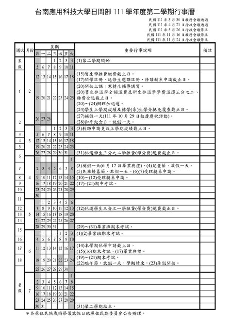 111學年度第二學期行事曆 台南應用科大美術系暨碩士班tainan University Of Technology Department Of Fine Arts Bachelor