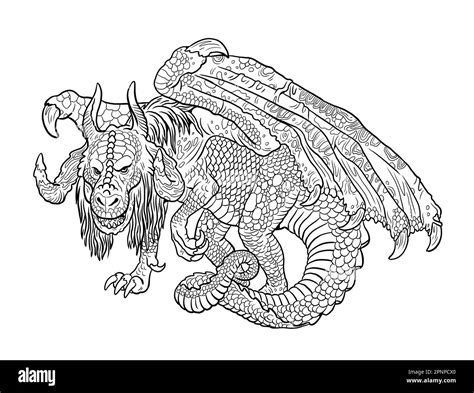 Dragón página para colorear Ilustración de fantasía con criatura