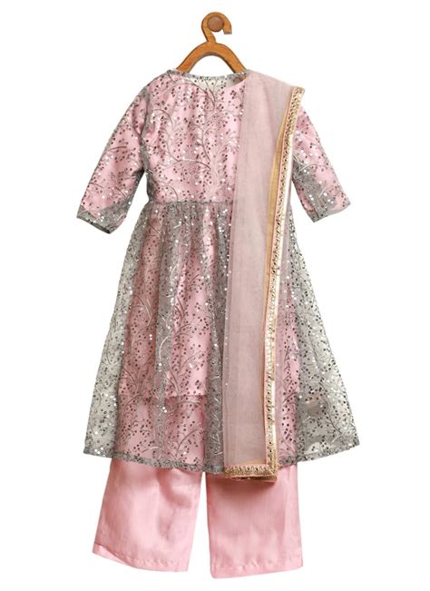 Shop Kids Girls Grey Embroidered Jacket Style Wide Leg Pant Set Festive