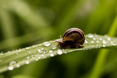 snail, Shell, Striped, Horns, A, Blade, Of, Grass, Drops, Green, Macro