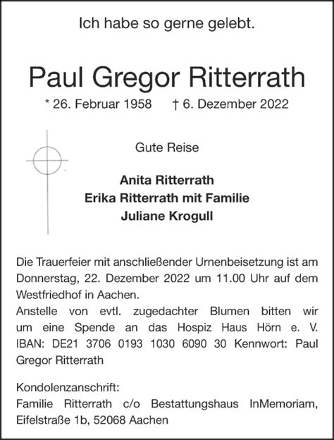 Traueranzeigen Von Paul Gregor Ritterrath Aachen Gedenkt