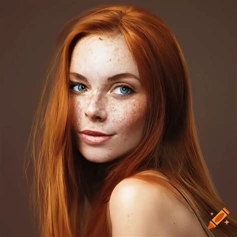 Portrait Of A Beautiful Redhead Woman With Freckles And A Captivating Smile