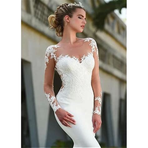 Robe De Mariée Sirène En Dentelle Effet D illusion Col En V Manches