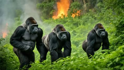 How do gorillas respond to wildfires in their habitats?